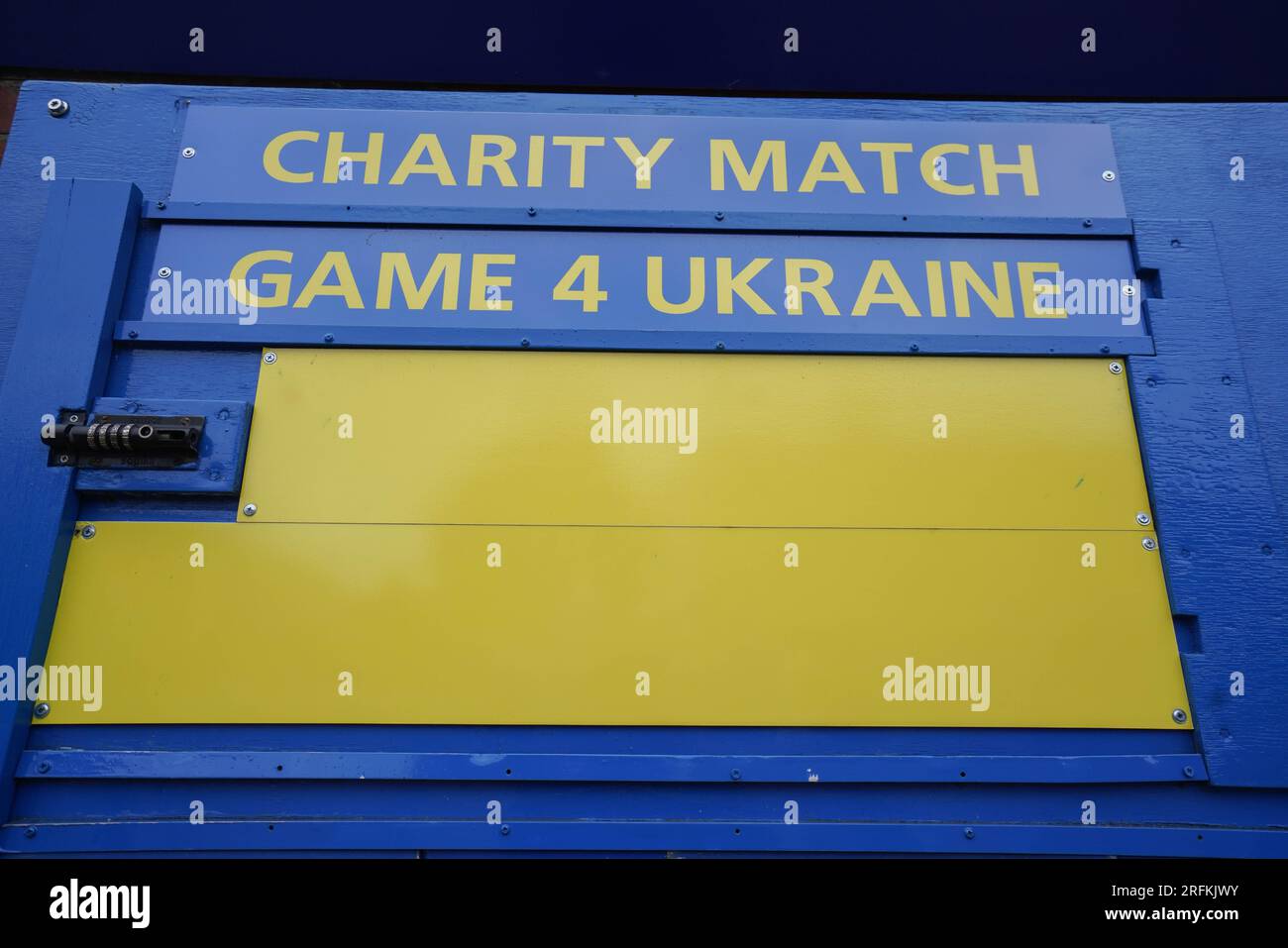 London UK. 4 August 2023 .  Matchday sign at Stamford Bridge. Game4Ukraine  will be played at Stamford Bridge on 5 August with past and present Ukrainian footballers Oleksandr Zinchenko and Andriy Shevchenko to feature as team captains charity football. The  match is to raise money for the United24 initiative, and  to aid Ukraine's rebuilding of facilities and infrastructure that suffered damage from the Russian invasion of Ukraine. Credit amer ghazzal/Alamy Live News Stock Photo