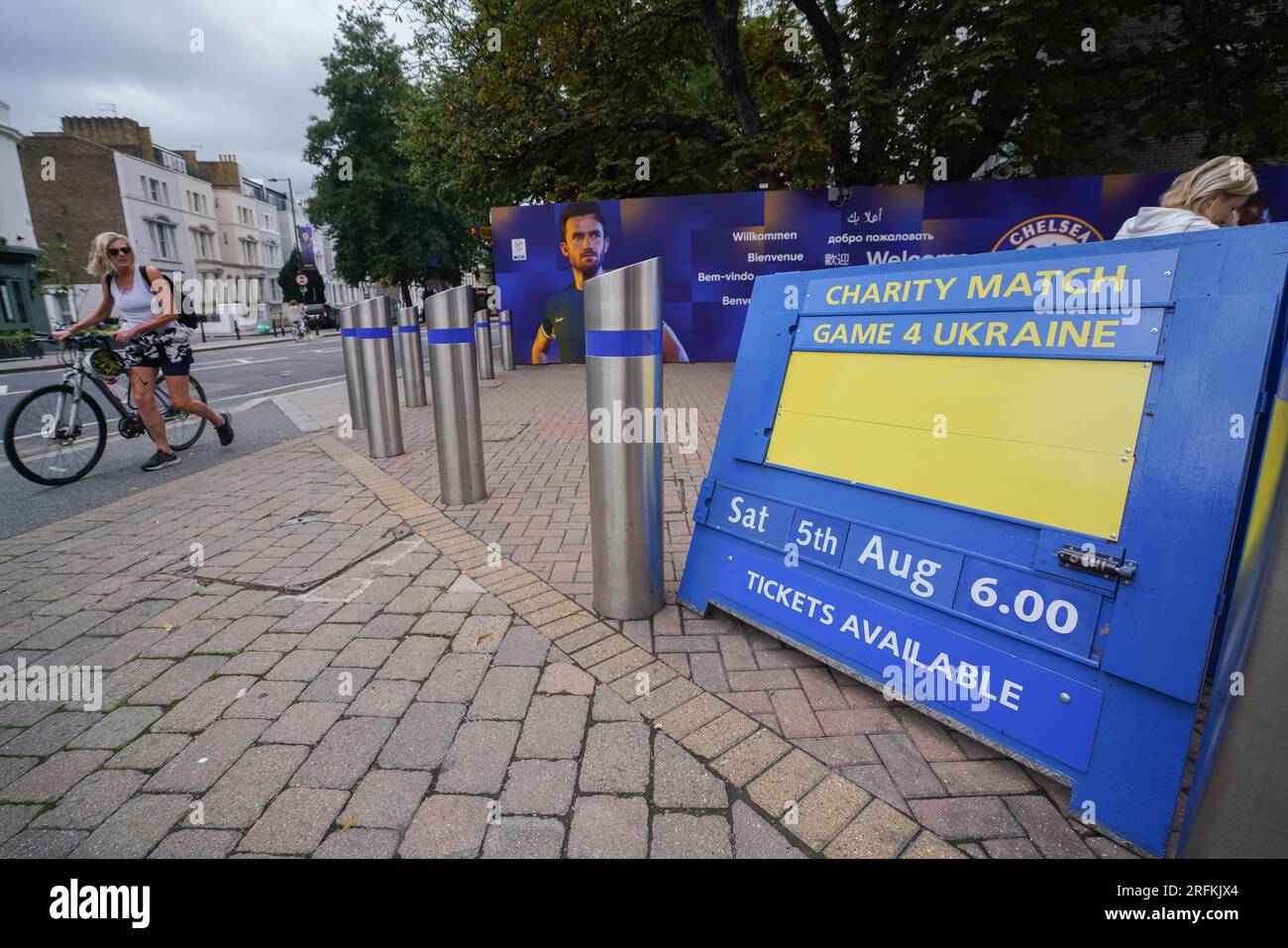 London UK. 4 August 2023 .  Matchday sign at Stamford Bridge. Game4Ukraine  will be played at Stamford Bridge on 5 August with past and present Ukrainian footballers Oleksandr Zinchenko and Andriy Shevchenko to feature as team captains charity football. The  match is to raise money for the United24 initiative, and  to aid Ukraine's rebuilding of facilities and infrastructure that suffered damage from the Russian invasion of Ukraine. Credit amer ghazzal/Alamy Live News Stock Photo