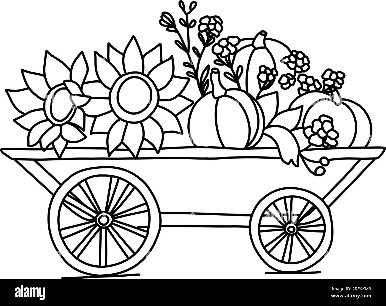 Coloring page with sunflowers, autumn coloring. Stock Vector