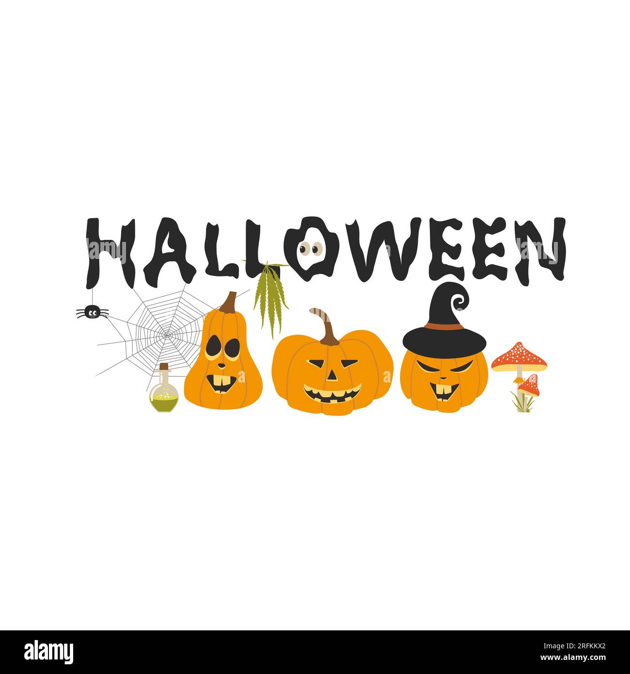 Halloween inscription with pumpkins and other holiday attributes and cannabis leaf. Vector Stock Vector
