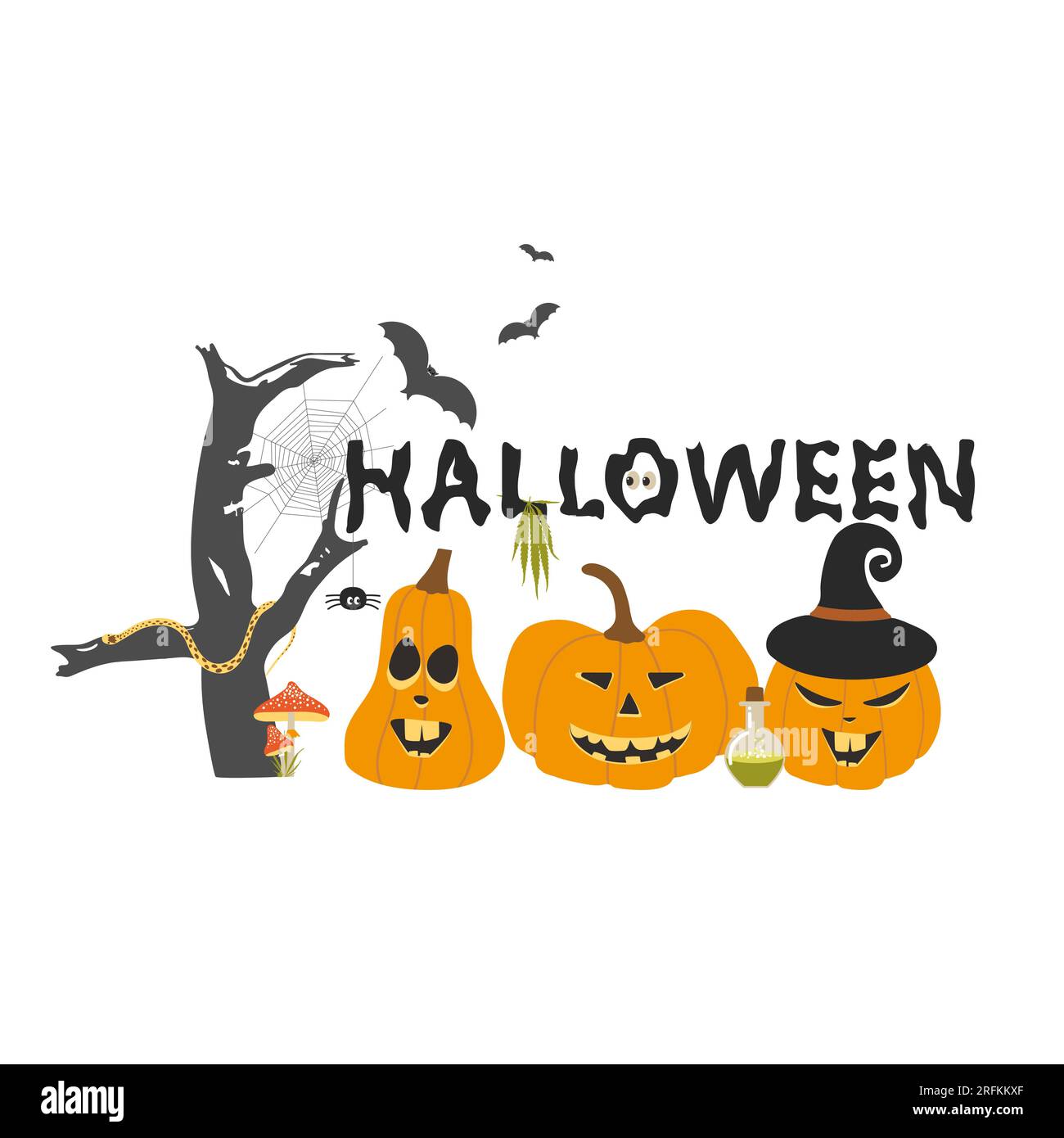 Text Halloween with pumpkins and other holiday attributes and cannabis leaf. Vector Stock Vector