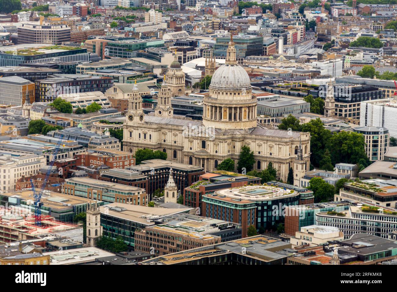 London cityscape of St Paul's Cathedral and the Financial District. London aerial panoramic skyline view of St. Paul's cathedral dome, city  buildings Stock Photo