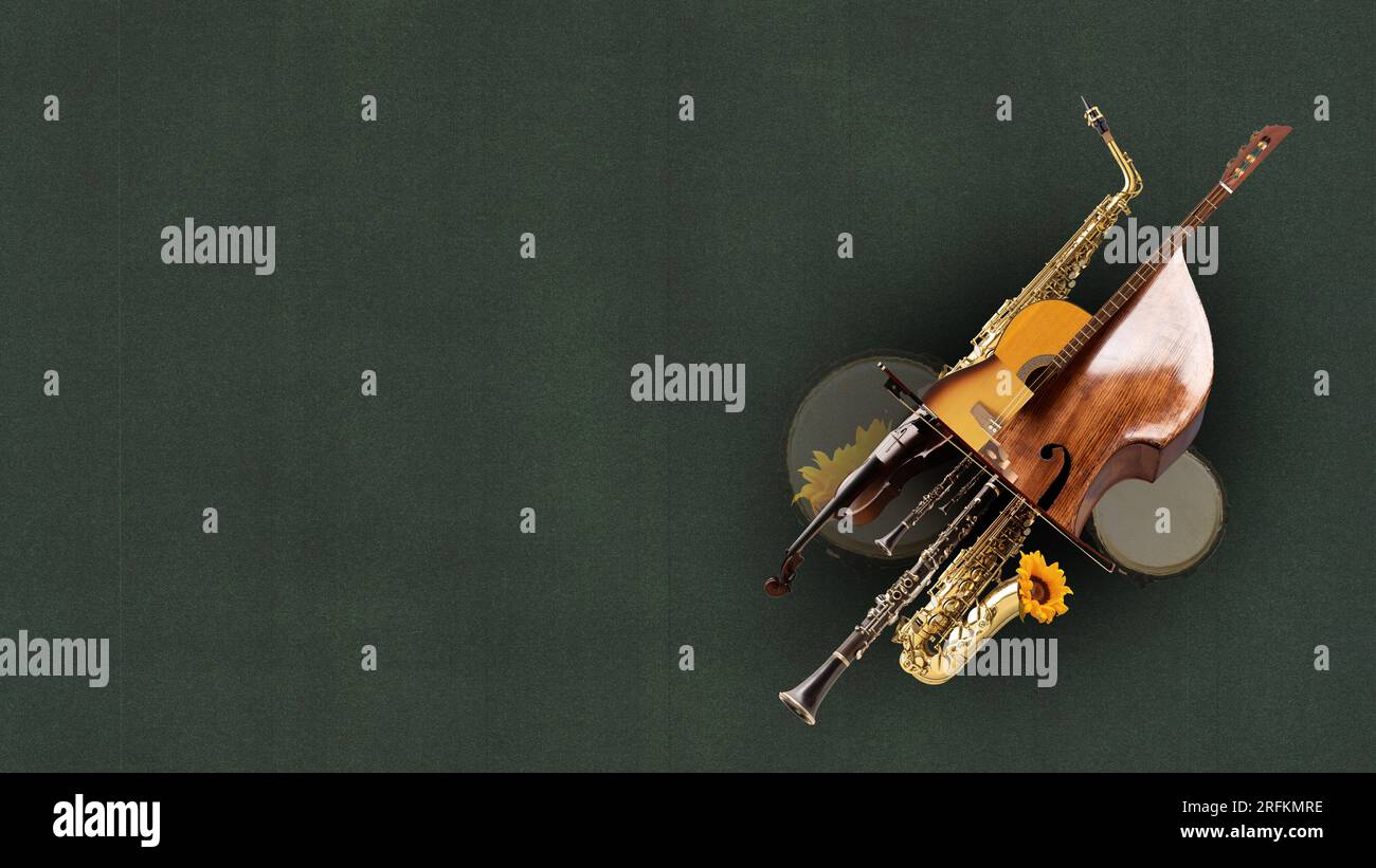 Combination of different music instruments. Violin, guitar, trumpet