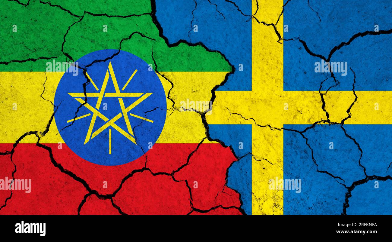 Flags of Ethiopia and Sweden on cracked surface politics