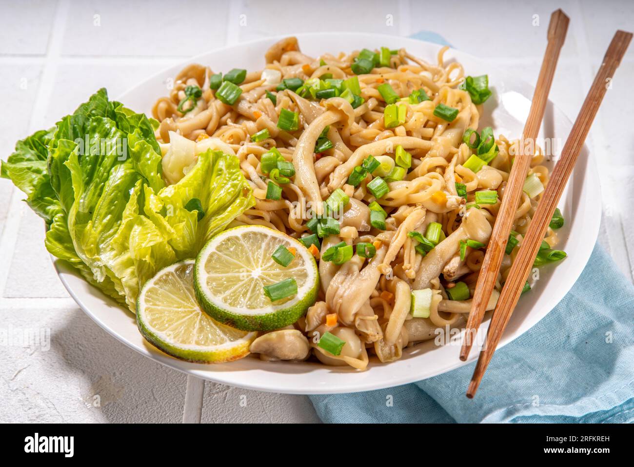Asian shimeji noodles dish. Chow Mein noodles pasta, with stir fried