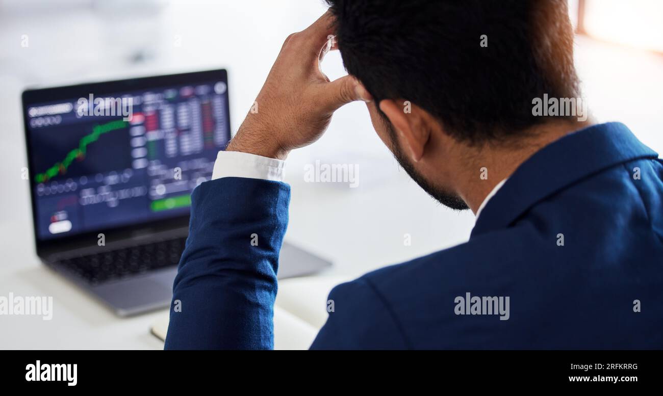 Closeup, anxiety and laptop with man and stock market crash for finance