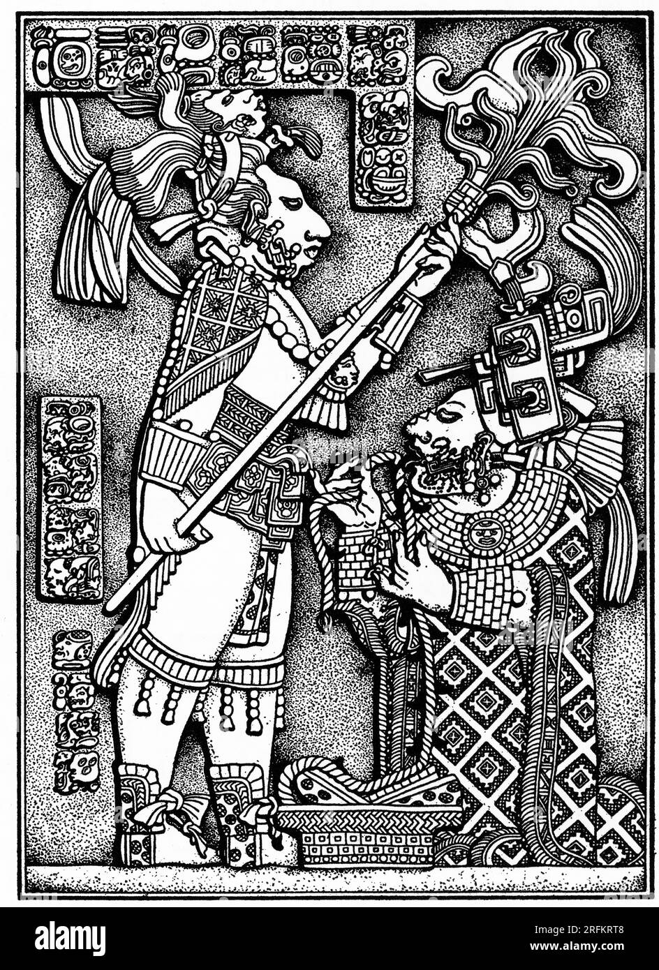An illustration of Lintel 24. A Maya limestone sculpture from Yaxchilan, Chiapas, Mexico, c1885. After Desire Charnay (1828-1915). The lintel dates to about 723-726 AD, placing it within the Maya Late Classic period. It depicts the ruler of Yaxchilan, Itzamnaaj Bahlam III (647-742) and his consort Lady K’abal Xoc, performing a ceremony of bloodletting. Stock Photo