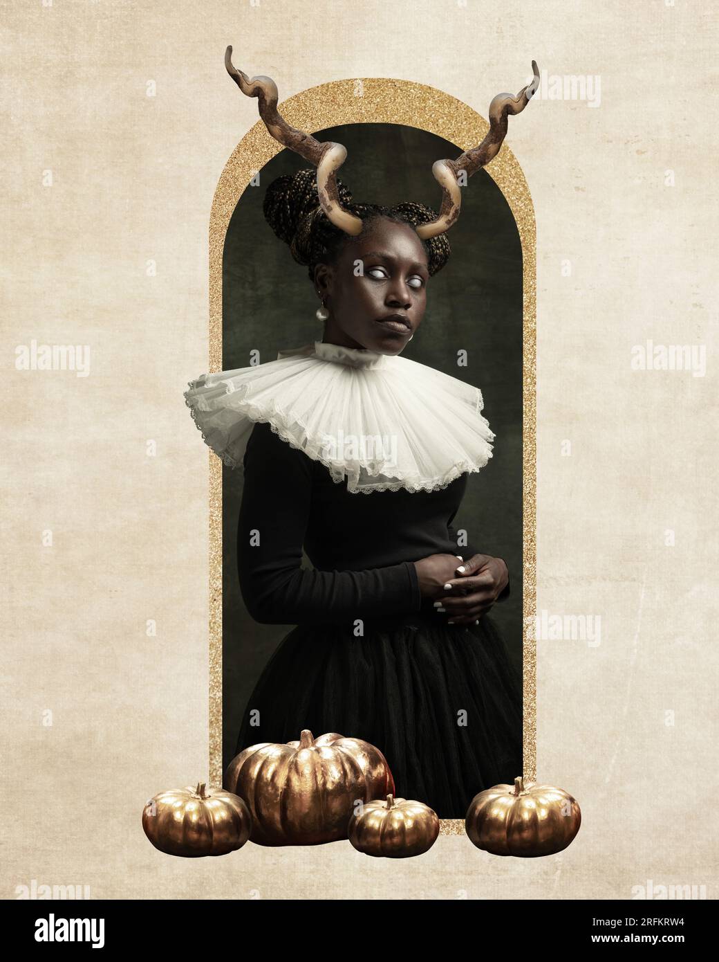 Medieval African young woman in black vintage dress with white