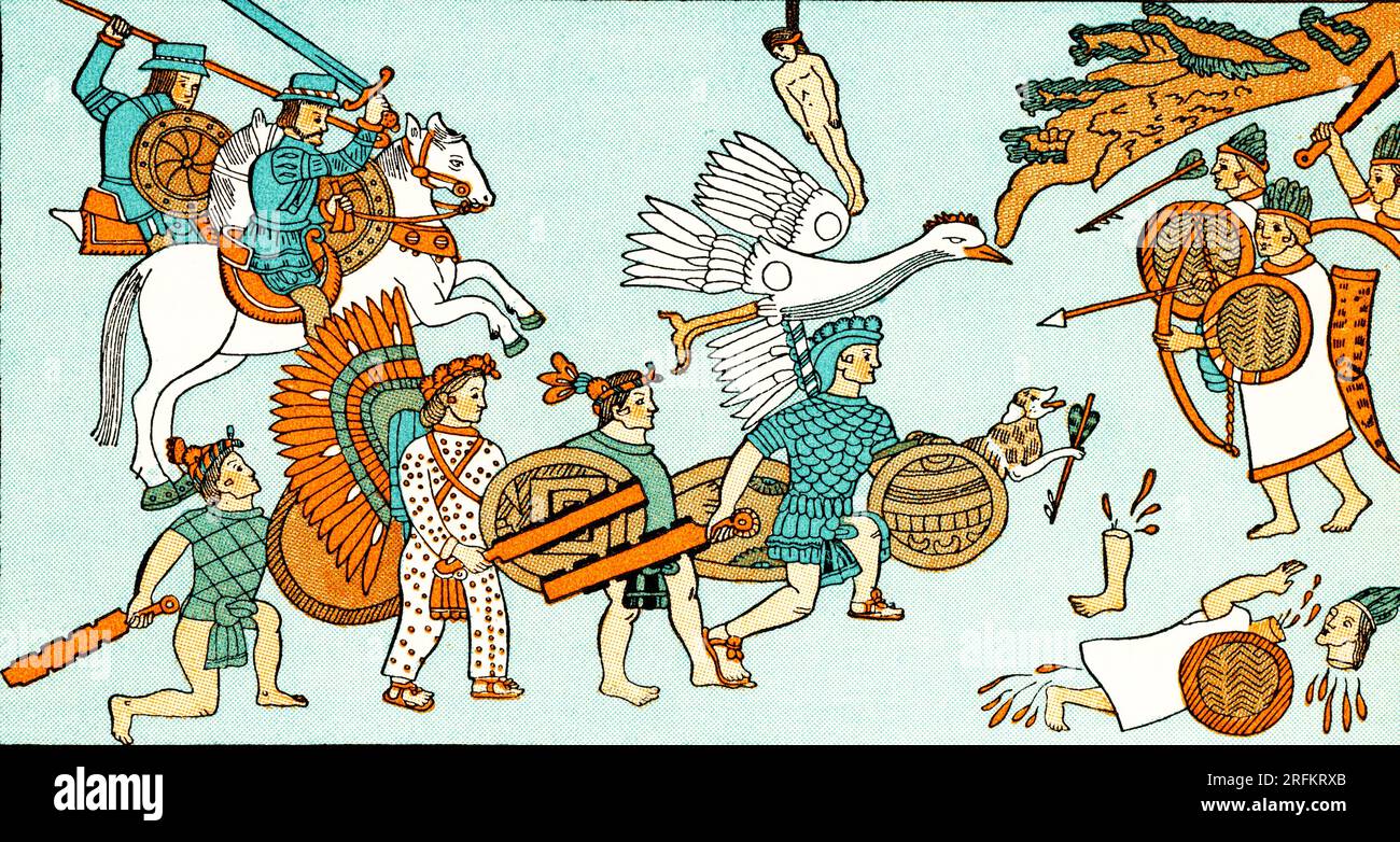 The Battle of Michoacan between the Spanish and the Aztecs. After an illustration from Lienzo de Tlaxcala c1550. Stock Photo