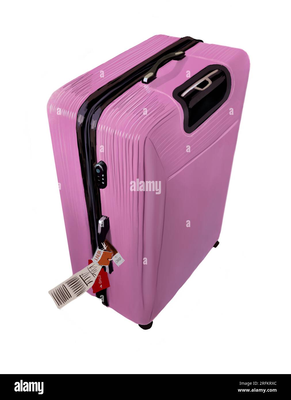An angle viewed barbie pink hard side suitcase Stock Photo