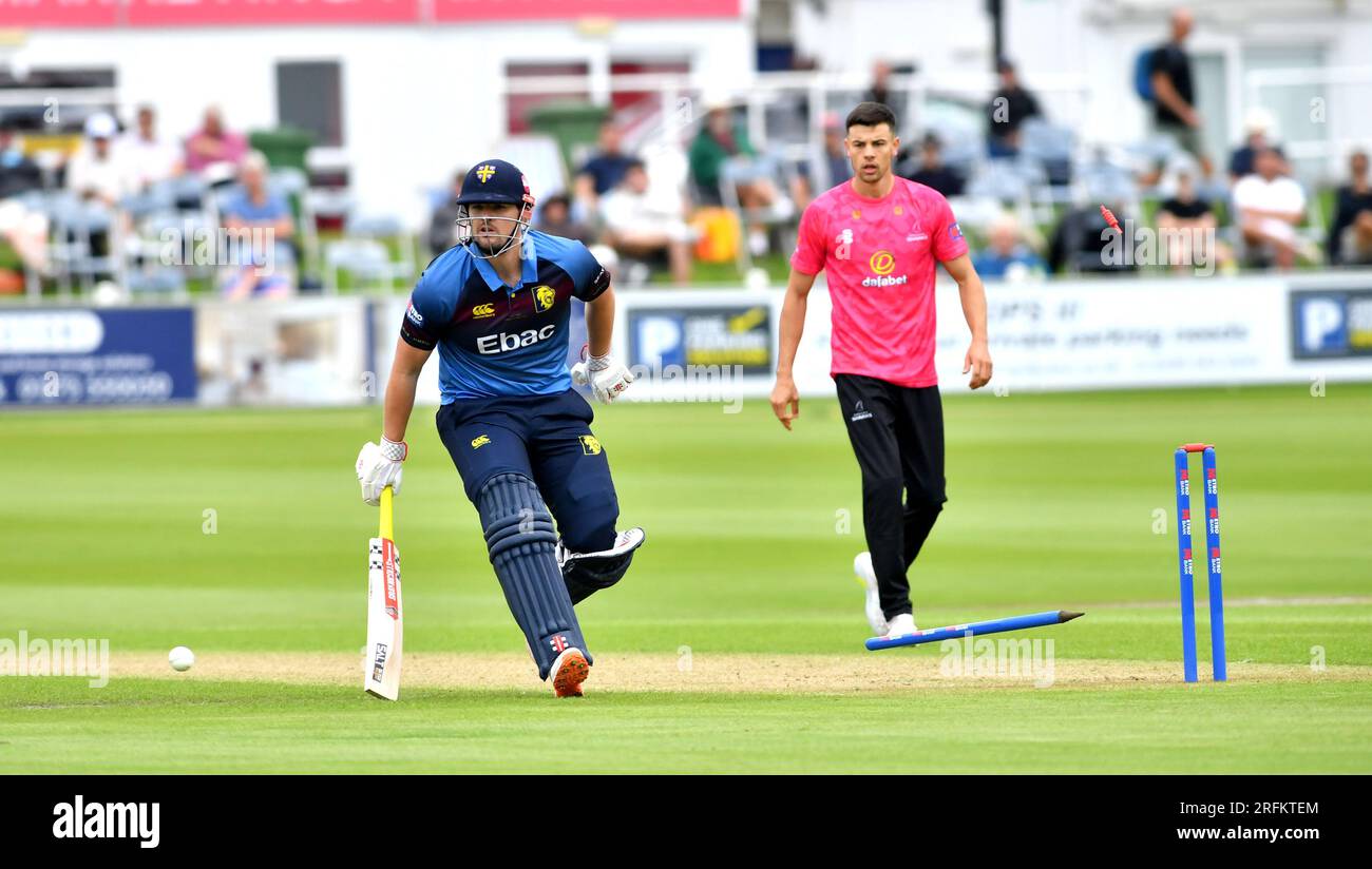 Hove UK 4th August 2023 -  Alex Lees of Durham is almost run out against Sussex Sharks during the Metro Bank One Day Cup cricket match at the 1st Central County Ground in Hove : Credit Simon Dack /TPI/ Alamy Live News Stock Photo