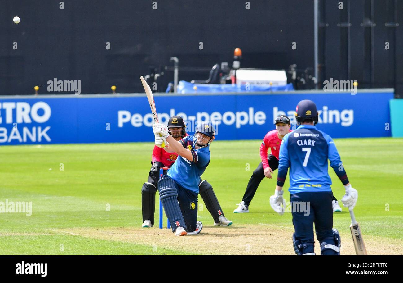 Hove UK 4th August 2023 - Alex Lees of Durham hits the ball for 4 runs against Sussex Sharks  during the Metro Bank One Day Cup cricket match at the 1st Central County Ground in Hove : Credit Simon Dack /TPI/ Alamy Live News Stock Photo