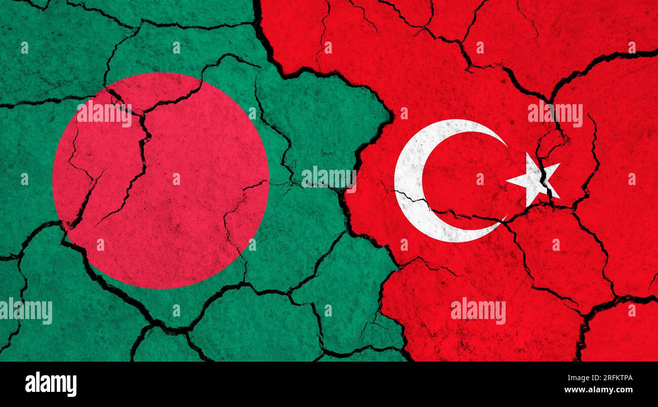 Flags of Bangladesh and Turkey on cracked surface politics