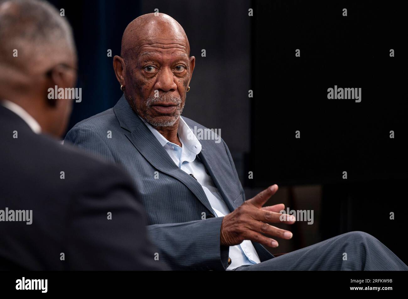 Washington, United States Of America. 02nd Aug, 2023. Washington, United States of America. 02 August, 2023. American actor Morgan Freeman comments during a discussion on his documentary film about the 761st Tank Battalion at the Pentagon, August 2, 2023 in Washington, DC The segregated Black tank unit best known as the Black Panthers, saw 183 days of combat during World War II, liberating 30 towns earning 300 Purple Hearts, nearly a dozen Silver Stars and one Medal of Honor. Credit: MC1 Alexander Kubitza/DOD Photo/Alamy Live News Stock Photo