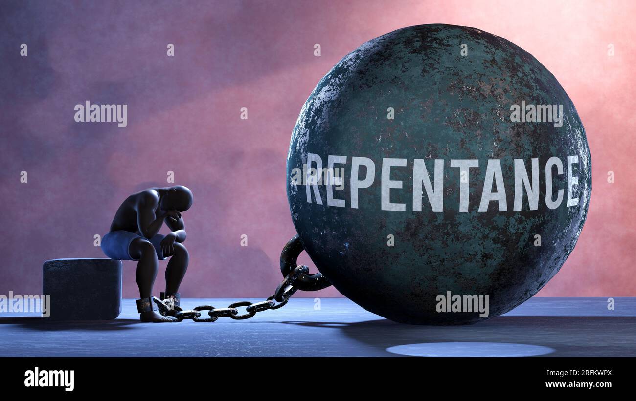 Repentance a metaphor showing human struggle with Repentance. Resigned and exhausted person