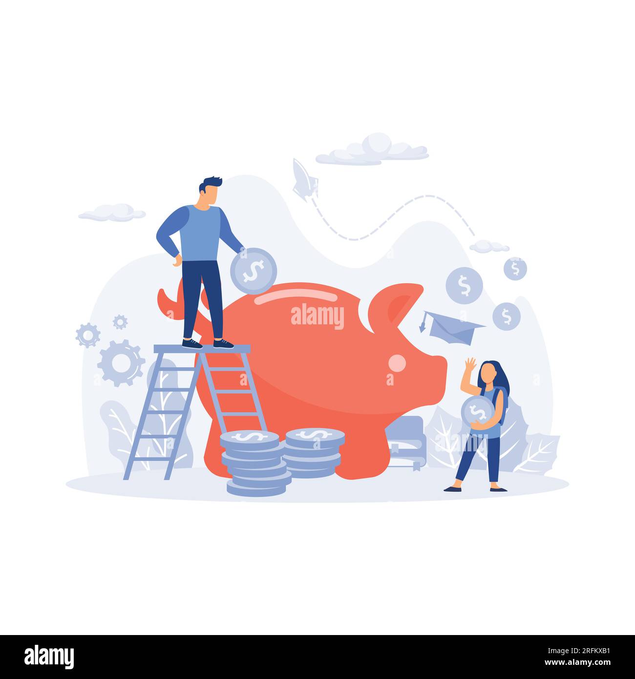 investment concept. man putting coin in piggy bank, saving money for education. flat vector modern illustration Stock Vector
