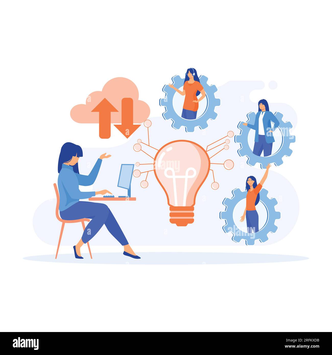 wireless computing service concept. Co working team of users connected by cloud computing and light bulb,flat vector modern illustration Stock Vector