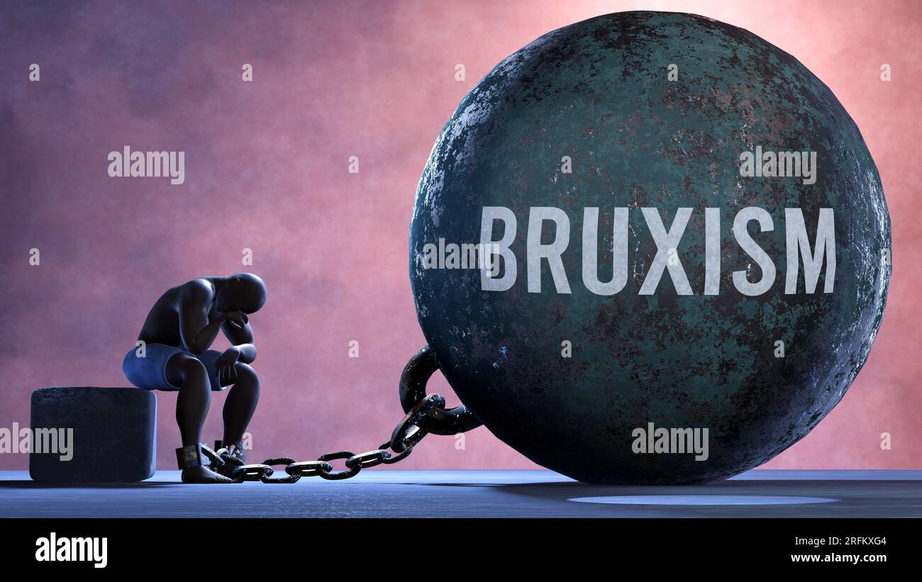 Bruxism a metaphor showing human struggle with Bruxism. Resigned and exhausted person chained