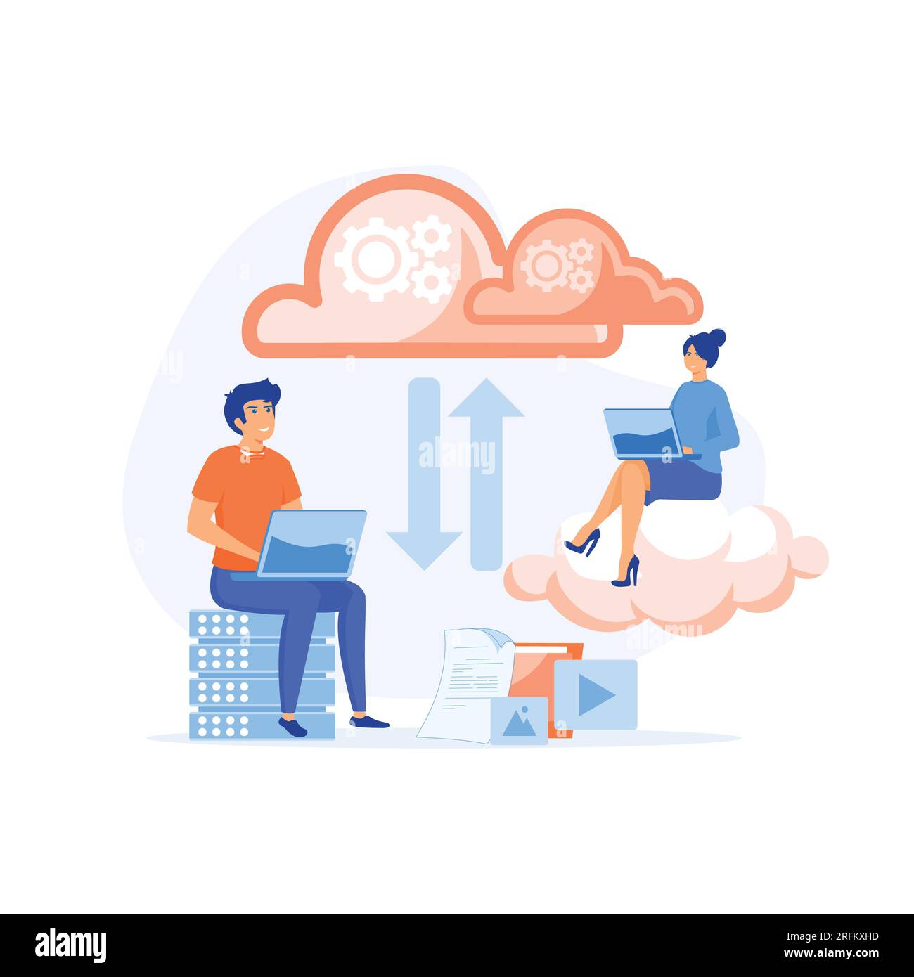 Cloud computing concept, Man and woman processing information at ...
