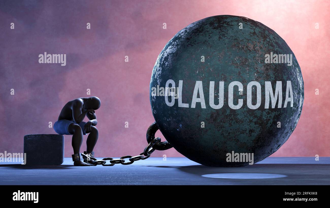 Glaucoma - a metaphor showing human struggle with Glaucoma. Resigned and exhausted person chained to Glaucoma. Drained and depressed by a continuous s Stock Photo