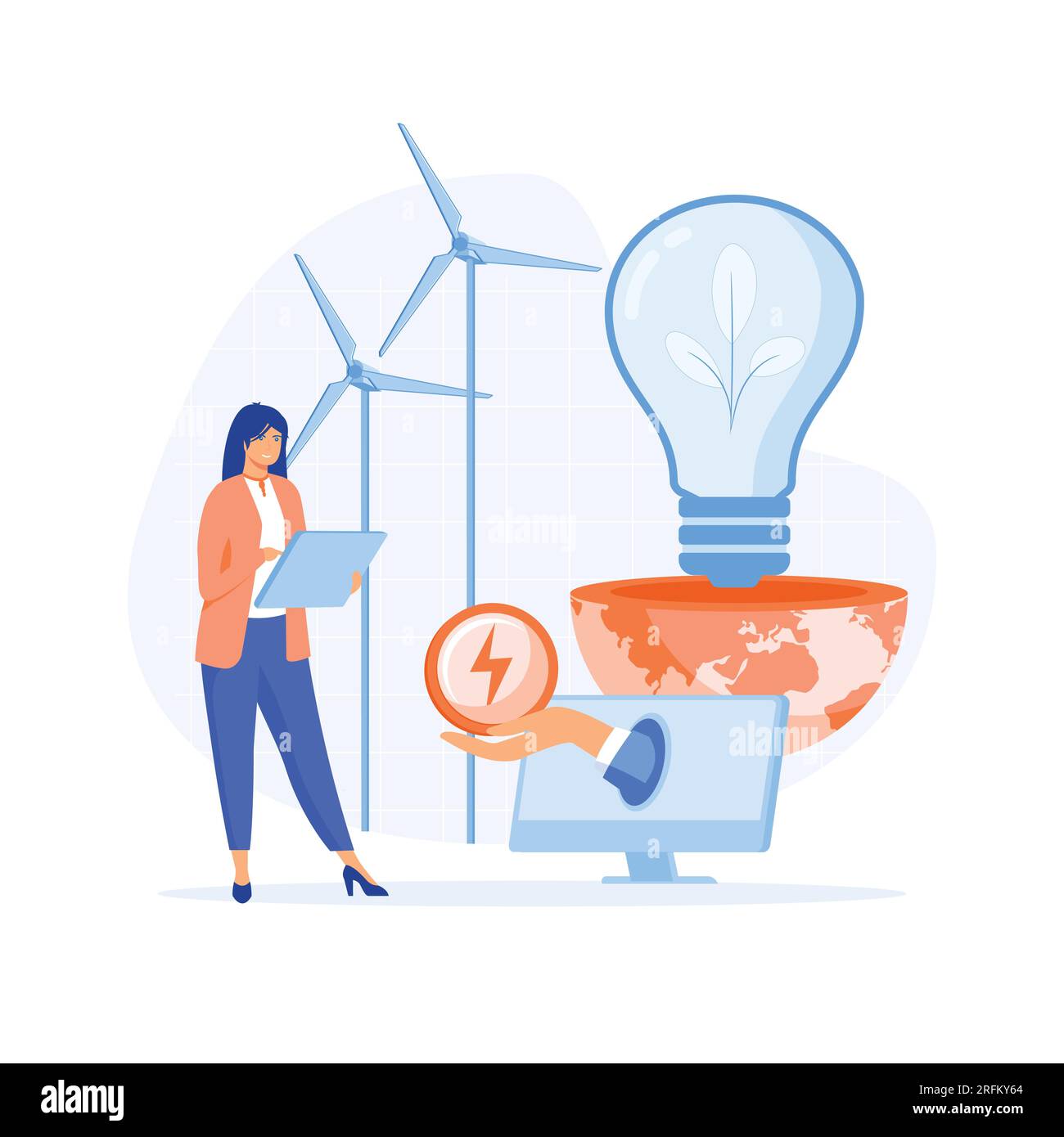 Sustainability, Green electricity and power save concept. Characters