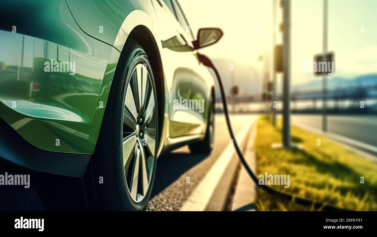 Charging a modern electric car on the road Stock Photo Alamy