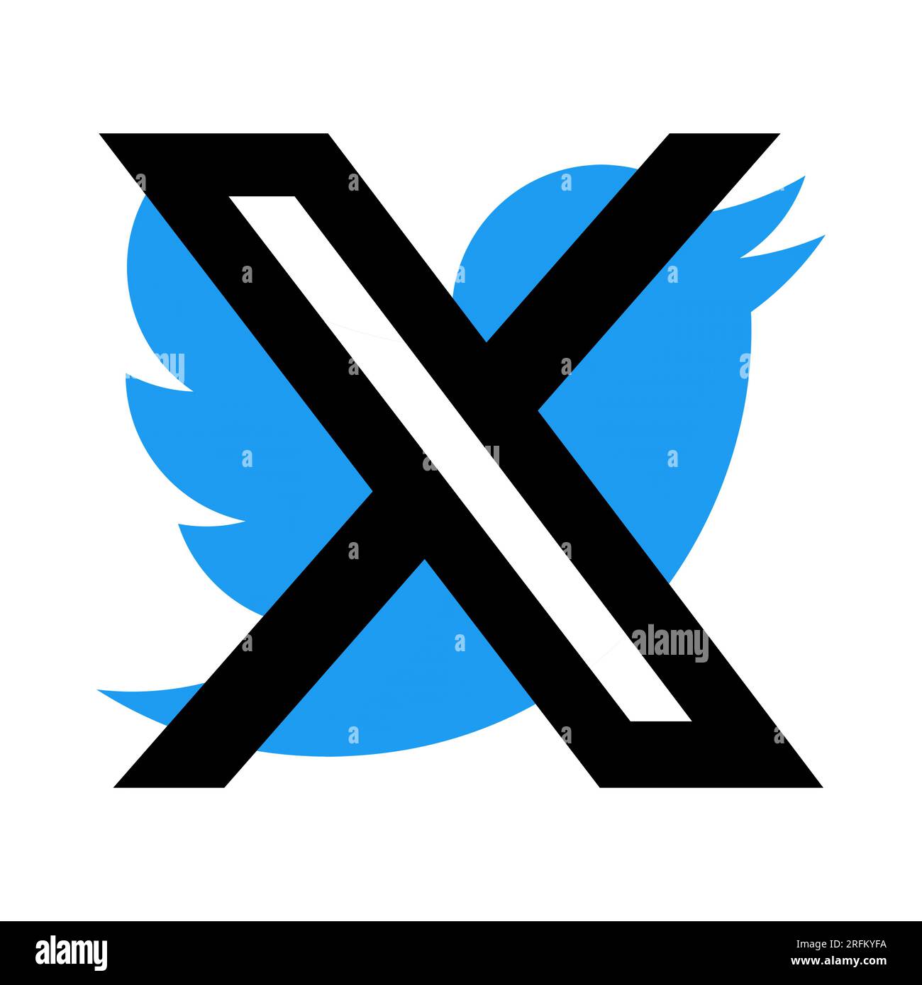 July 23, 2023 - New Twitter logo in the shape of the letter X, which crosses out the well-known old Twitter logo with a blue bird. San Francisco, USA Stock Photo