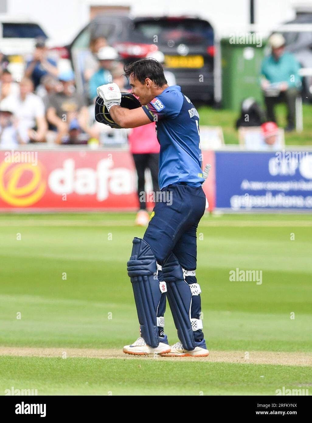 Hove UK 4th August 2023 -  David Bedingham of Durham celebrates his century against Sussex Sharks during the Metro Bank One Day Cup cricket match at the 1st Central County Ground in Hove : Credit Simon Dack /TPI/ Alamy Live News Stock Photo