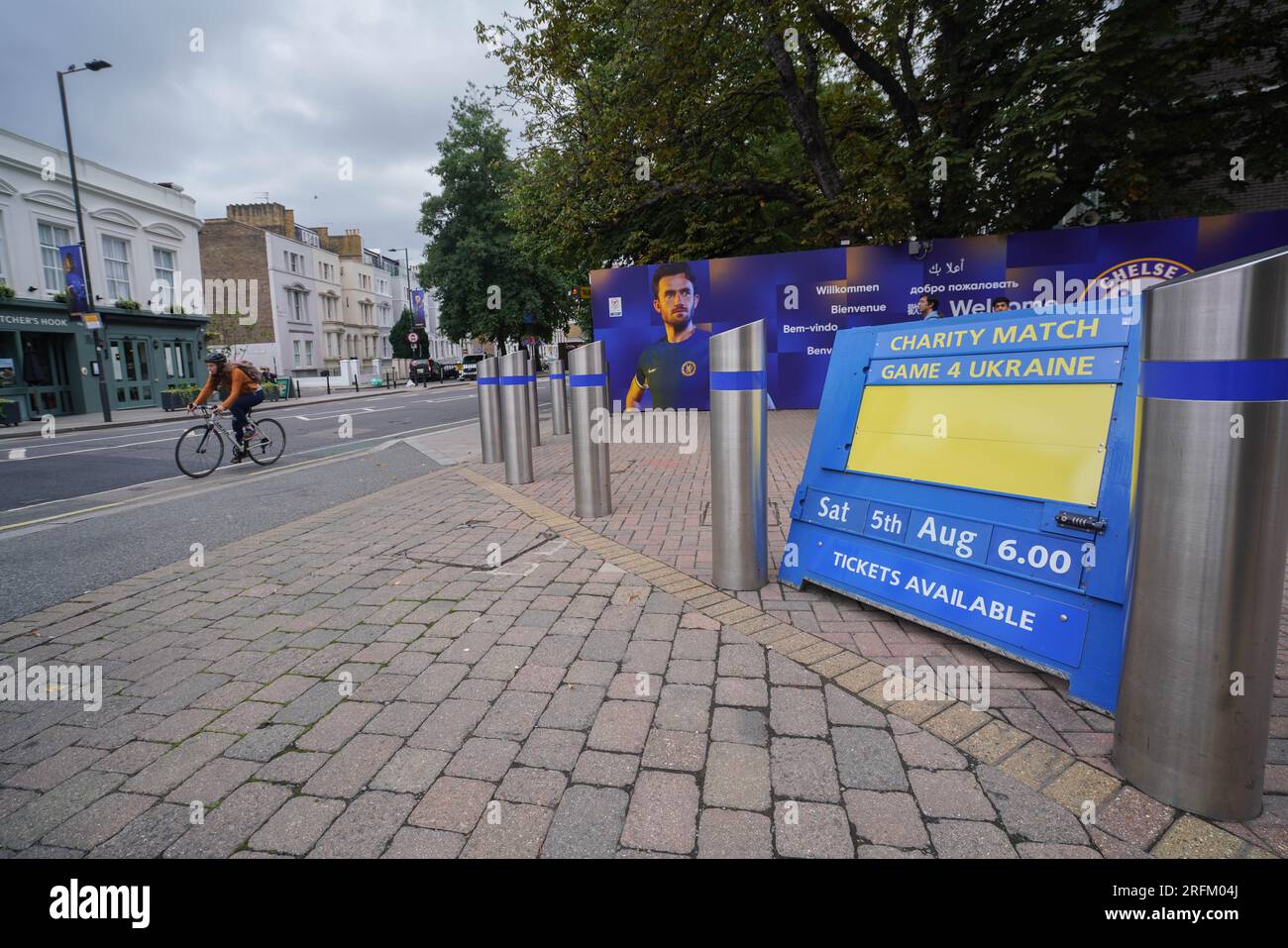 London UK. 4 August 2023 .A matchday sign with the Ukraininan flag at Stamford Bridge. Game4Ukraine will be played at Stamford Bridge on 5 August with past and present Ukrainian footballers Oleksandr Zinchenko and Andriy Shevchenko to feature as team captains charity football. The match is to raise money for the United24 initiative, and to aid Ukraine's rebuilding of facilities and infrastructure that suffered damage from the Russian invasion of Ukraine. Credit amer ghazzal/Alamy Live News Stock Photo