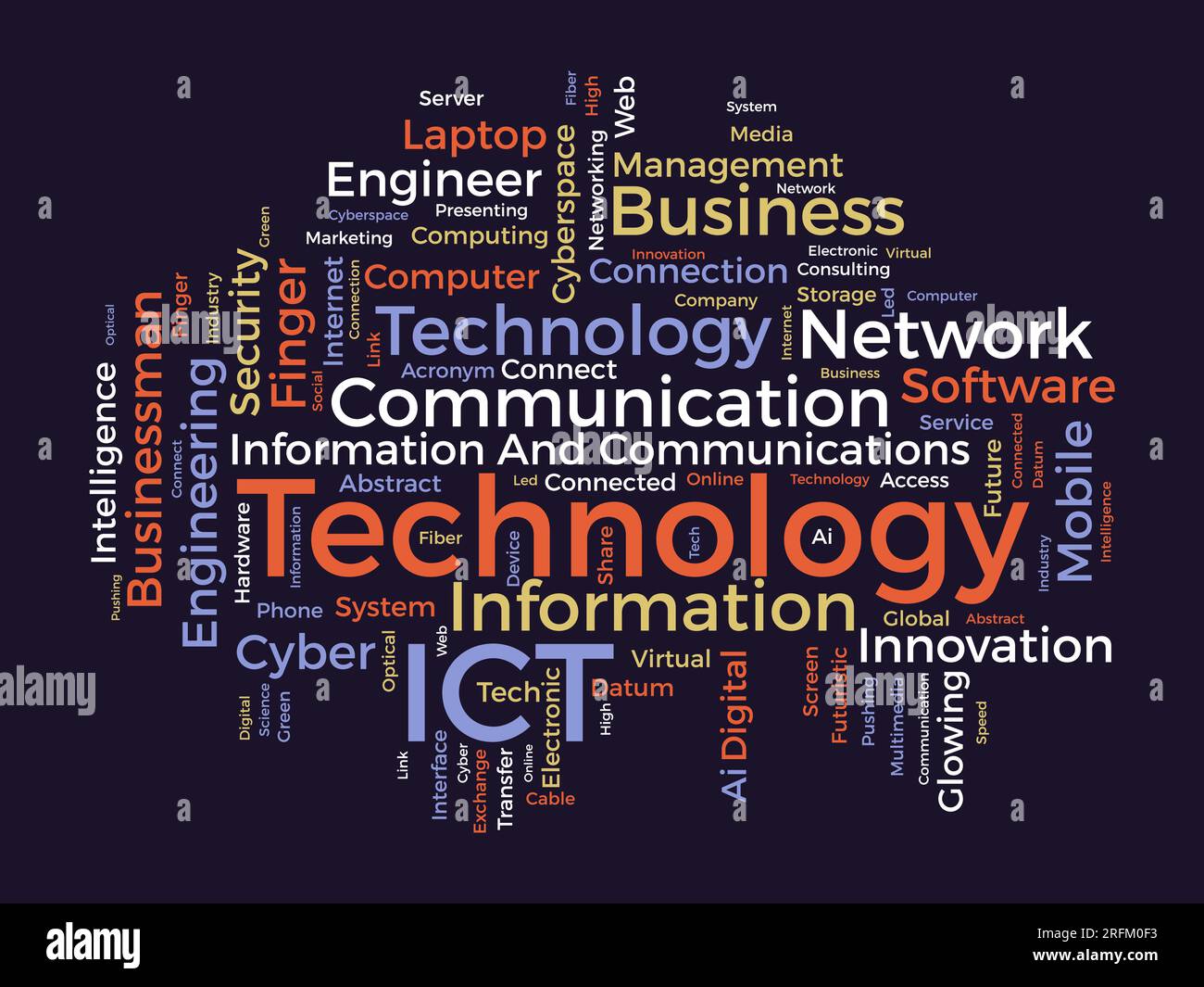 Word cloud background concept for Information and Communications Technology (ict). cyberspace network system of software development service. vector i Stock Vector