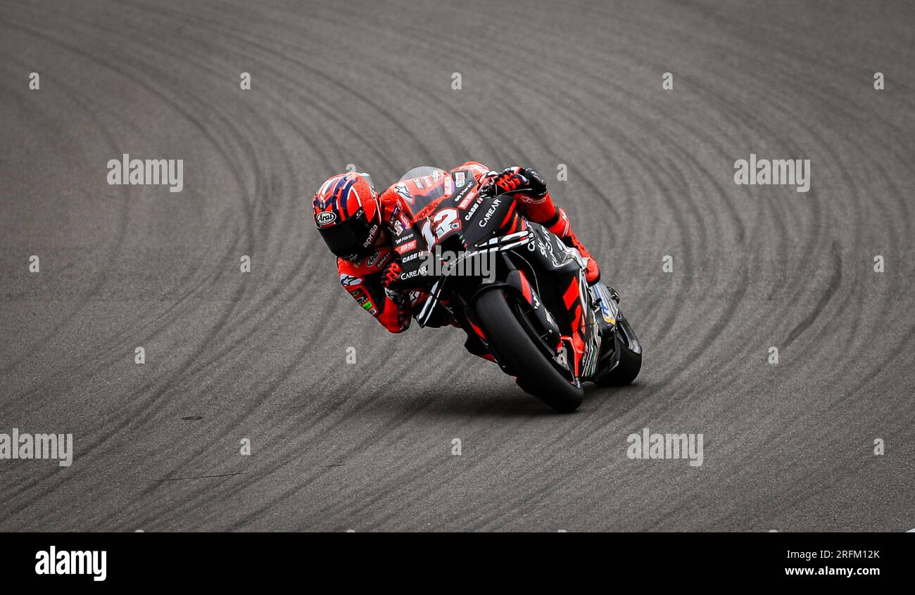 Aprilia Racing's Maverick Vinales during Free Practice One ahead of the Monster Energy British Grand Prix 2023 at Silverstone, Towcester. Picture date: Friday August 4, 2023. Stock Photo