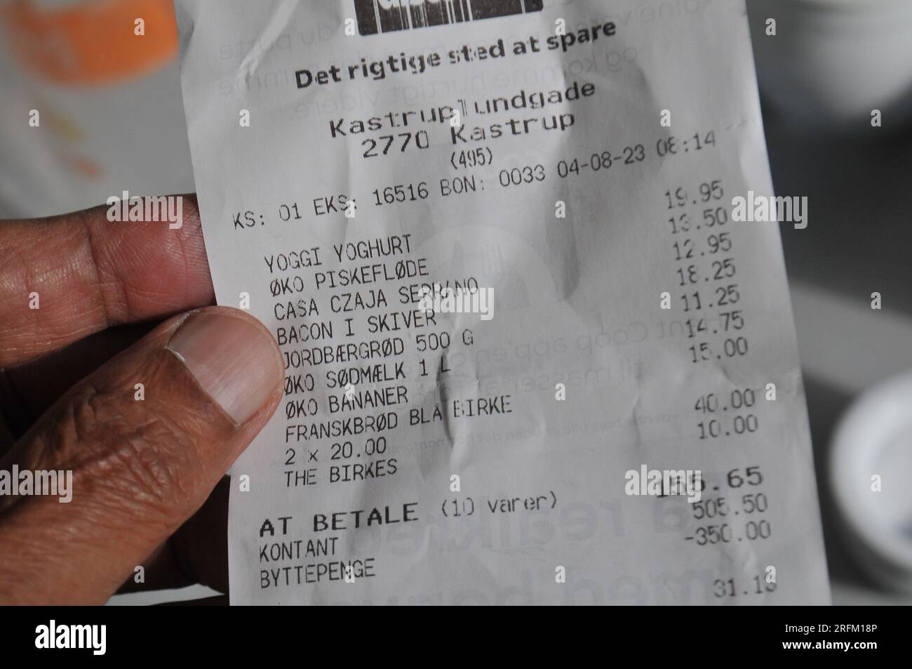 04 August 2023/Tulip original bacon and grocery receipt in danish