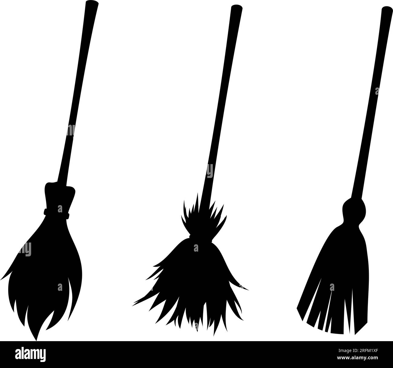 Witches brooms. Set of black silhouettes of brooms isolated on a white background. Vector illustration Stock Vector