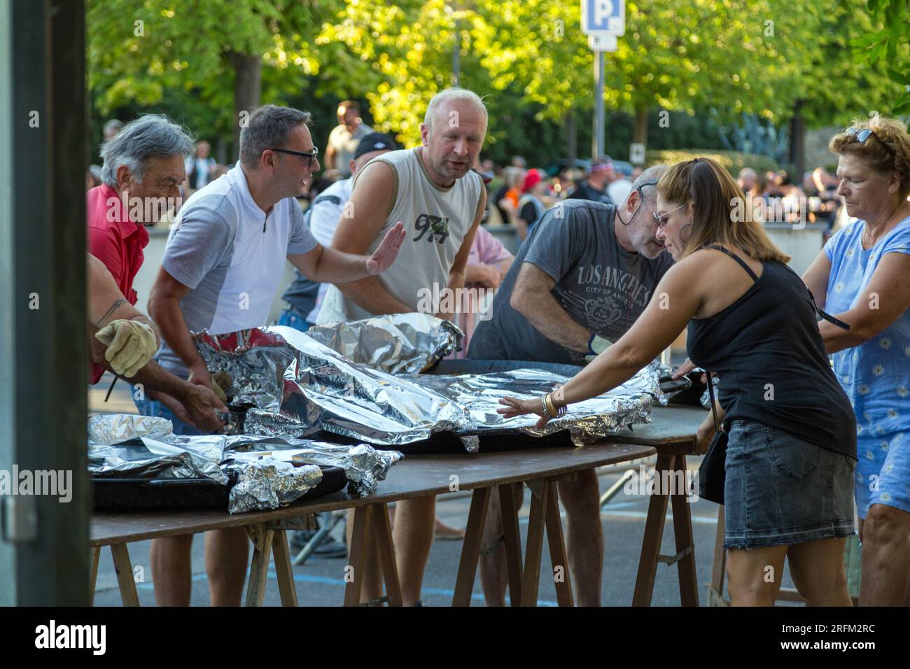 33rd edition of the BBW (Brescoudos Bike Week) which is the largest motorcycle gathering in the region. Crossing to Colombiers. Occitanie, france Stock Photo