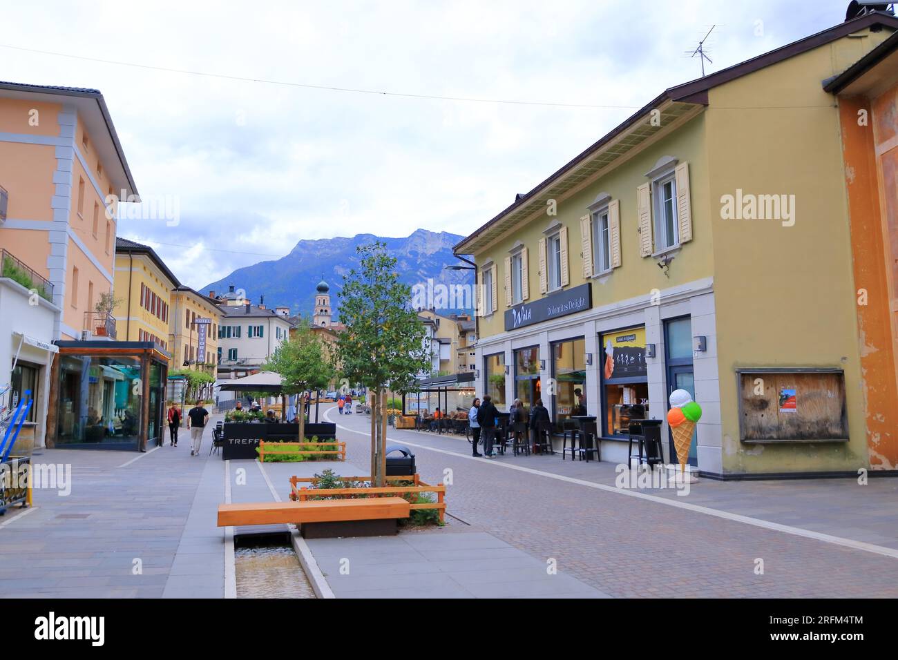 May 18 2023 - Levico Terme, Löweneck in Italy: the center of the village with tourists Stock Photo