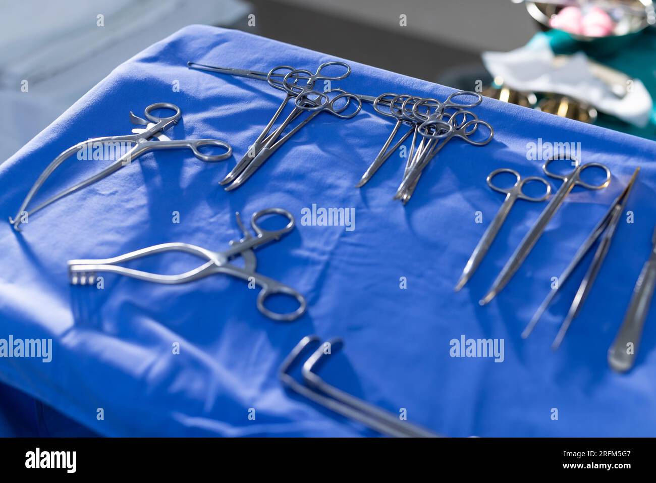 Close up of surgical instruments on table in operation theater at hospital Stock Photo