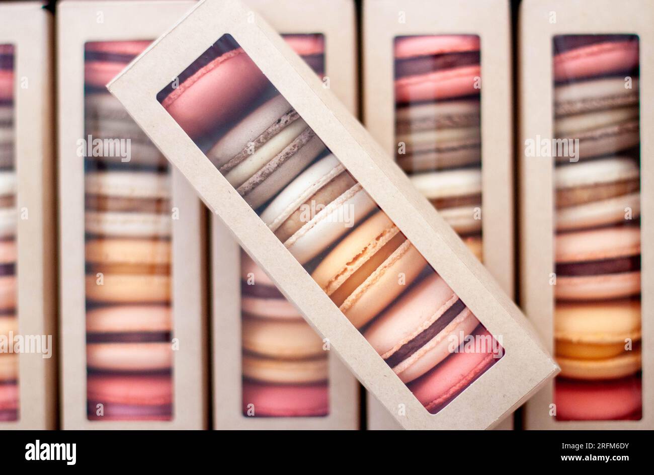 Assorted colorful macarons in cardboard box Stock Photo
