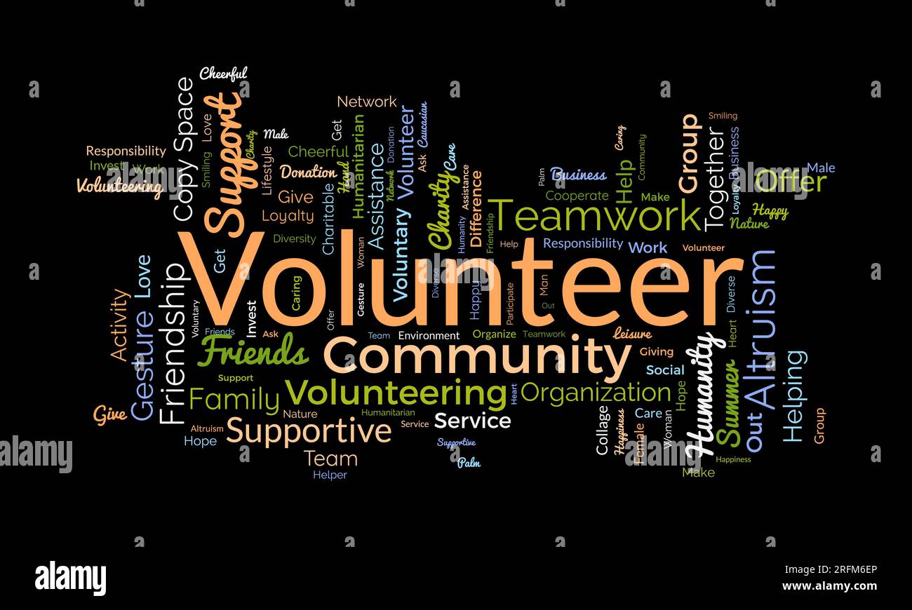Word cloud background concept for volunteer. Charity support, community