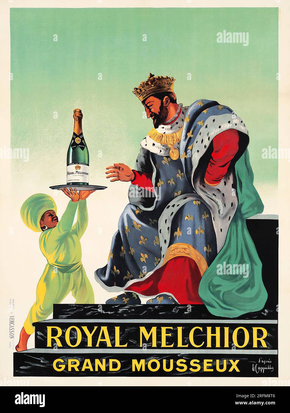Royal Melchior. 1921 - Vintage alcohol advertisement poster by Leonetto Cappiello feat King Francois I reaching for a bottle of Royal Melchior sparkling wine Stock Photo