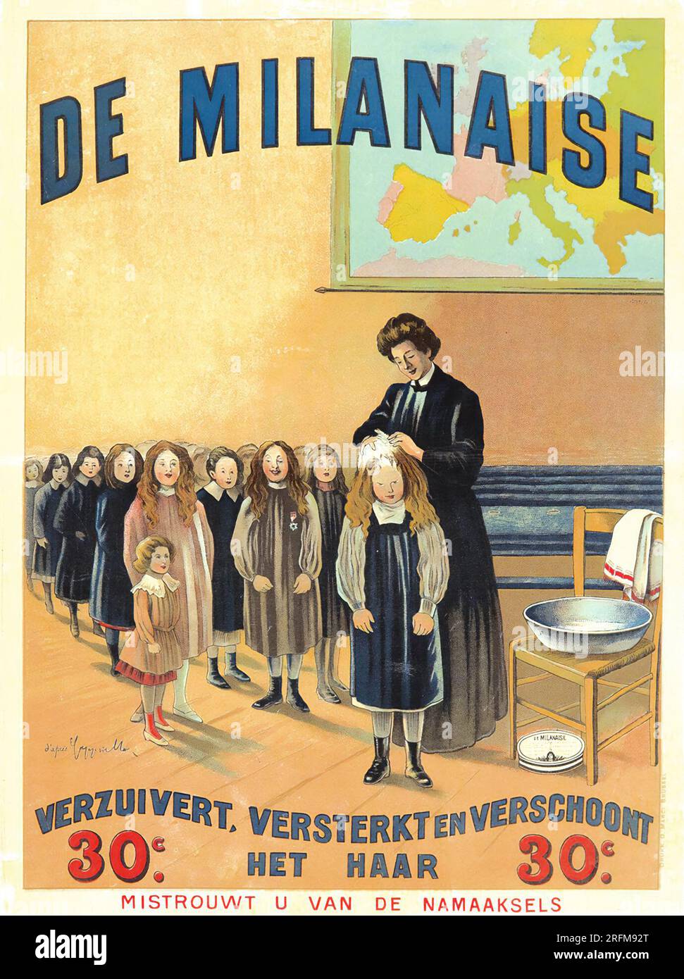 De Milanaise. ca. 1922 - vintage poster artwork by Leonetto Cappiello - Teacher searching for head lice Stock Photo