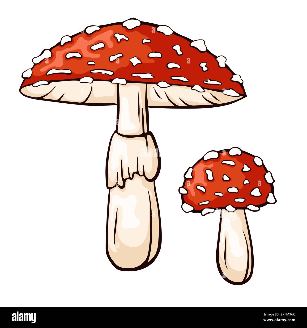 Fly agaric mushroom with red cap and white dots. Amanita muscaria line and cartoon style. Forest poisonous mushroom, medicinal plant, magic, toxic Stock Vector