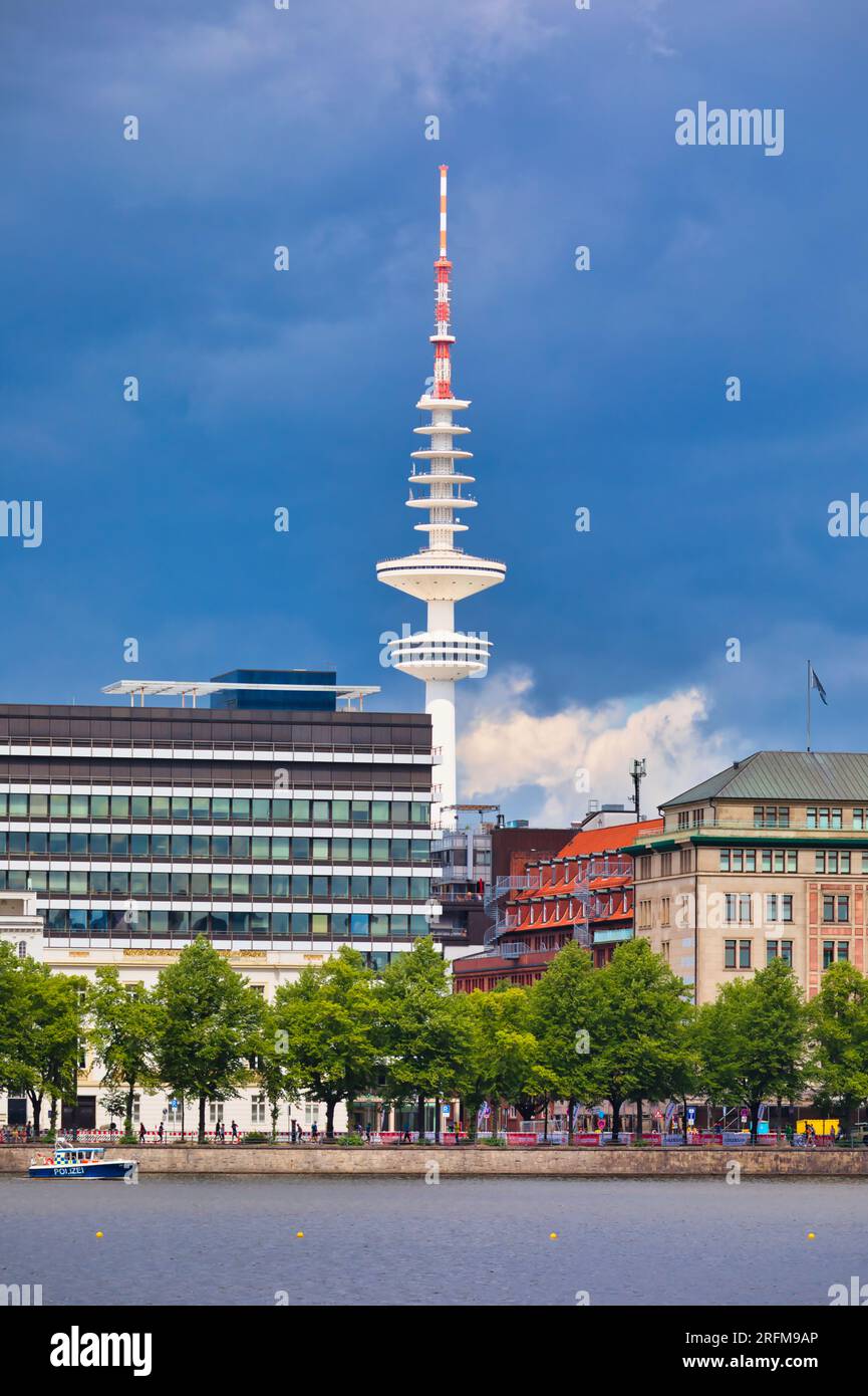 Tele-Michel (Heinrich Hertz Tower) Hamburg's tallest stucture, built in the 1960's with Alster Lake (Binnenalster) in the foreground, Hamburg, Germany Stock Photo