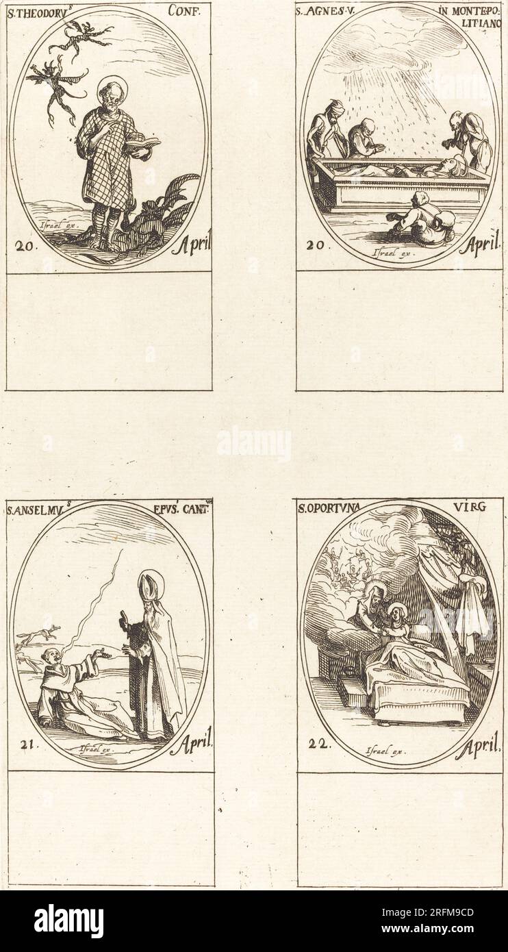 'Jacques Callot, St. Theodorus; St. Agnes of Monte Pulciano; St. Anselme, Archbishop of Canterbury; St, etching, R.L. Baumfeld Collection, 1969.15.674' Stock Photo