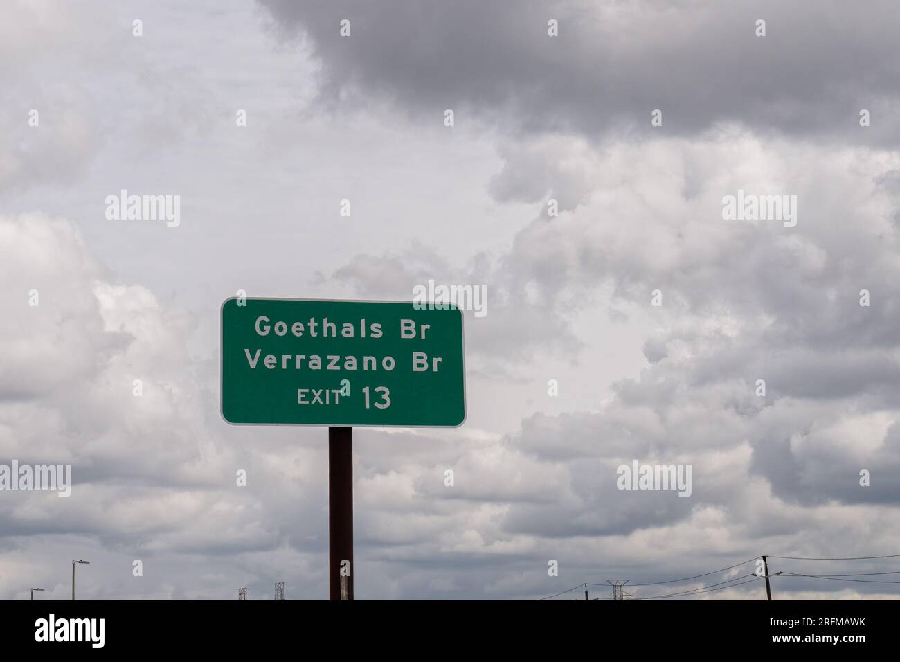 sign for Exit 13 on the New Jersey Turnpike I95 for Goethals Bridge and Verrazano Bridge via I278 and Staten Island Stock Photo