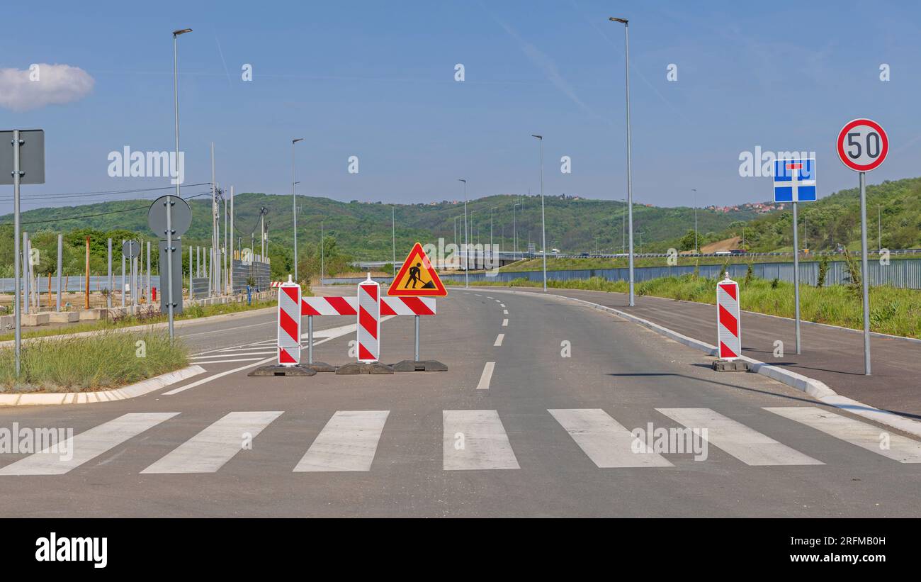 Road Works Traffic Sign Construction Barrier at New Street Stock Photo ...