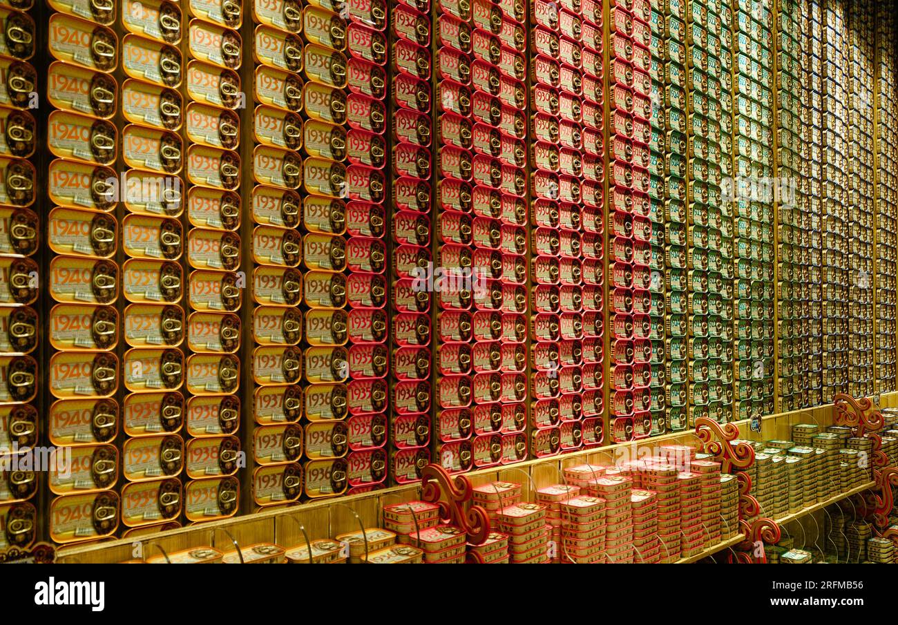 Rows of tins of shrimps, the locla delicacy of Gaia, Porto, Portugal Stock Photo