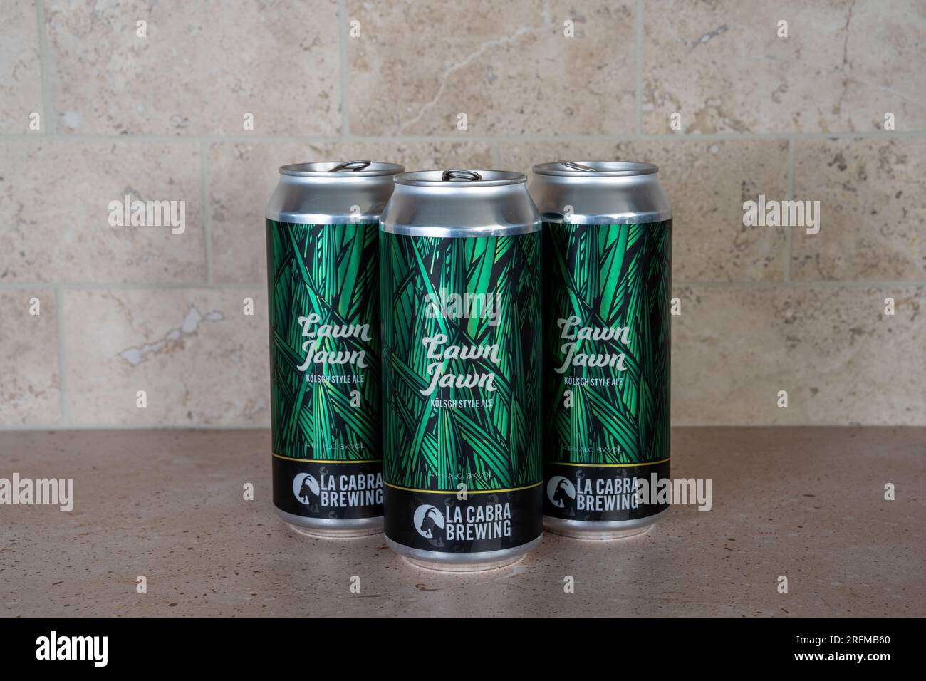 Flourtown, PA July 25, 2023 Cans of Lawn Jawn Kolsch style Ale by La