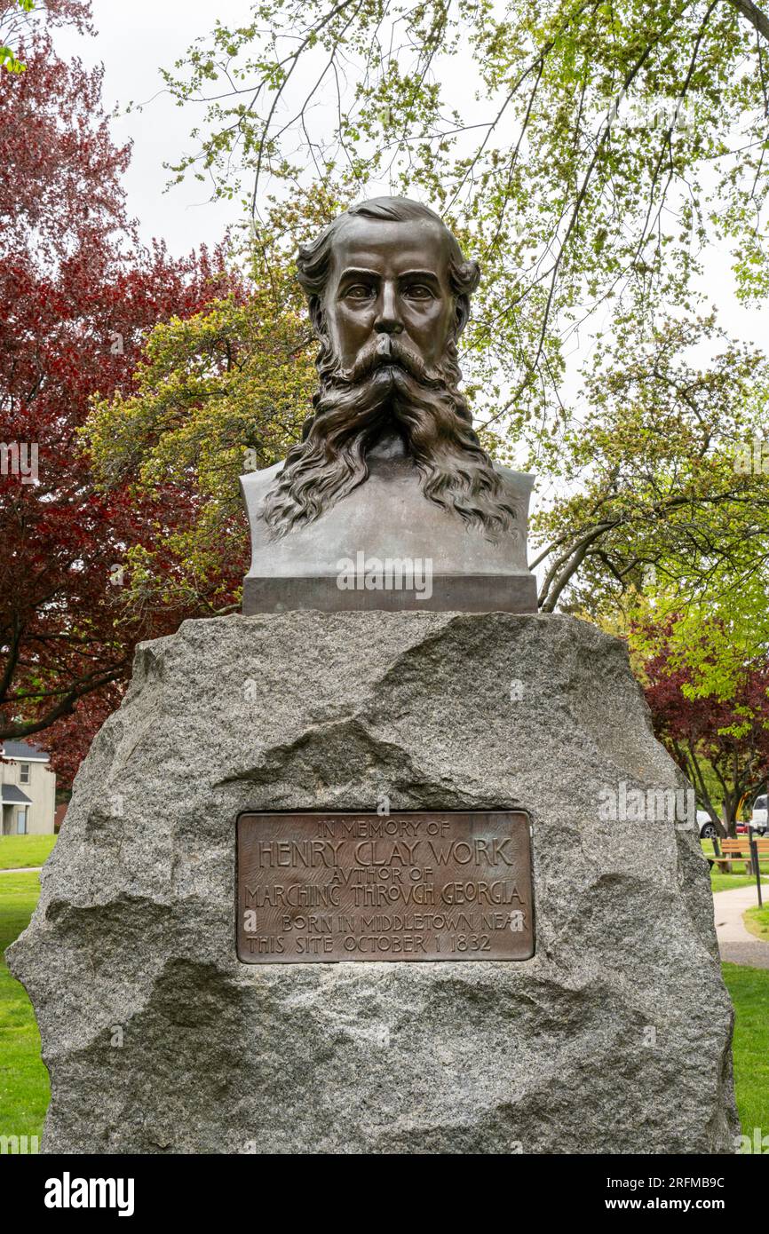 Middletown, CT - May 4, 2023: Bust of Henry Clay Work, a composer and songwriter, author of 'Marching Through Georgia'  inspired by Sherman's march to Stock Photo