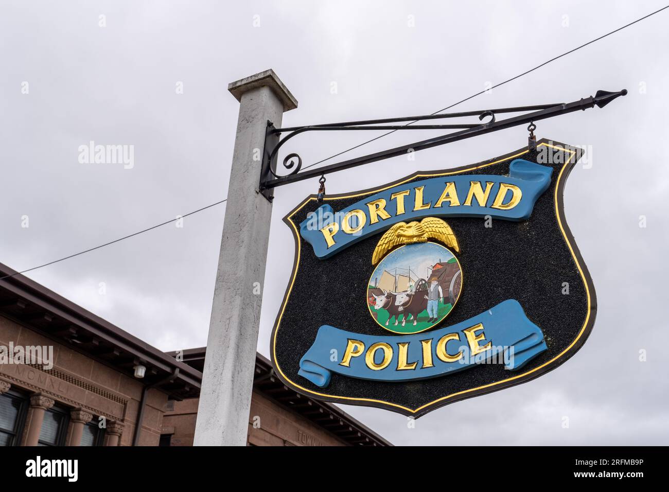 Portland, CT - May 4, 2023: Sign in front of the Portland , Connecticut Police Station on Main Street. Stock Photo