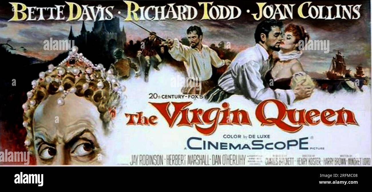 The Virgin Queen' a 1955 historical drama film starring Bette Davis, Richard Todd and Joan Collins. Stock Photo
